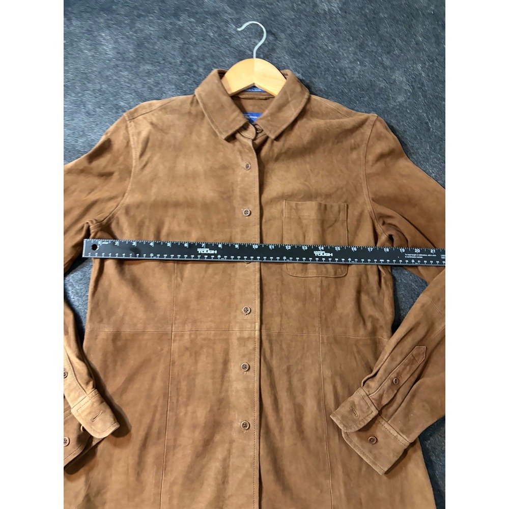 Womens Brown Suede Leather Button Front Shirt Jacket Long Sleeve Size M - Picture 6 of 16